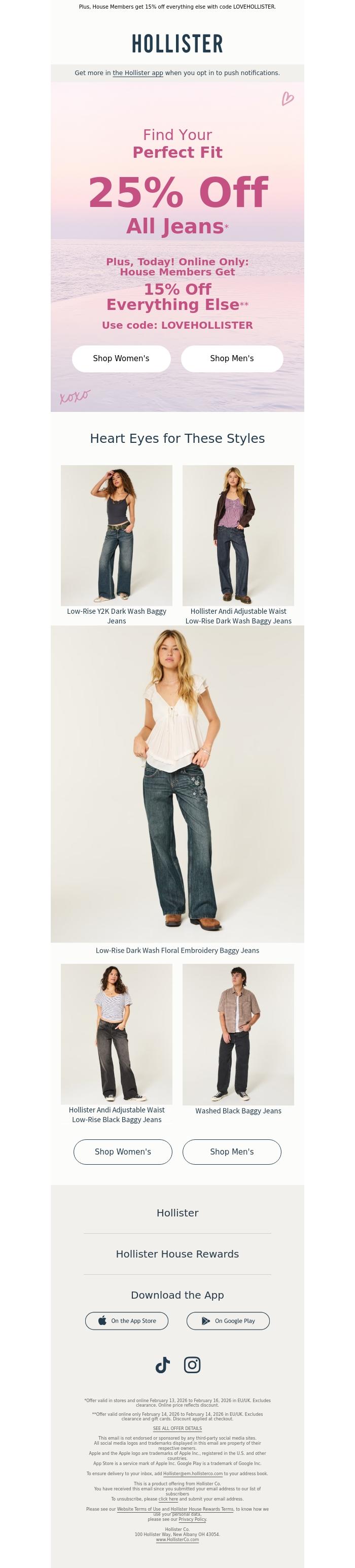 Email Design Inspiration from Hollister, You + 25% off all jeans = a perfect match 💘