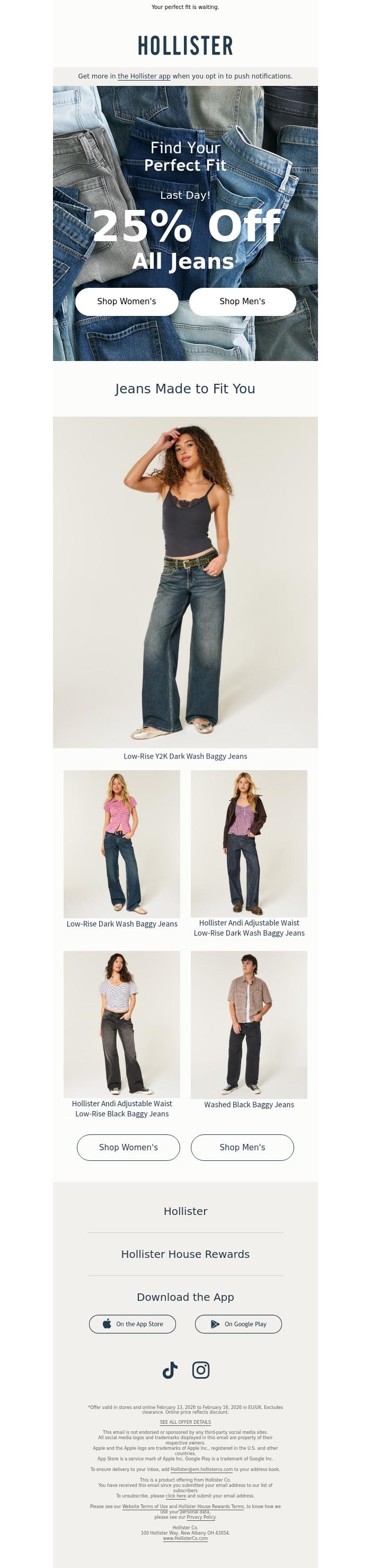 Email Design Inspiration from Hollister, ‼️ LAST DAY: 25% off ALL JEANS ‼️