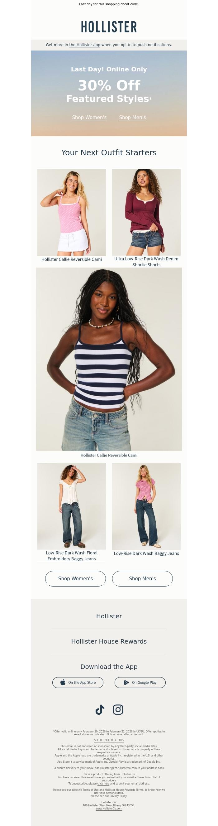 Email Design Inspiration from Hollister, 30% off featured styles ⏳
