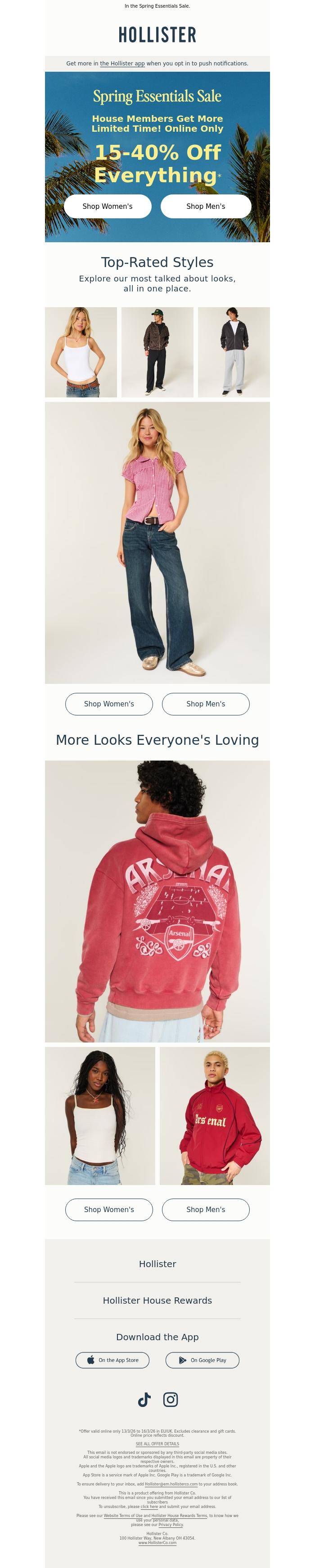 Email Design Inspiration from Hollister, 15-40% off EVERYTHING 👏