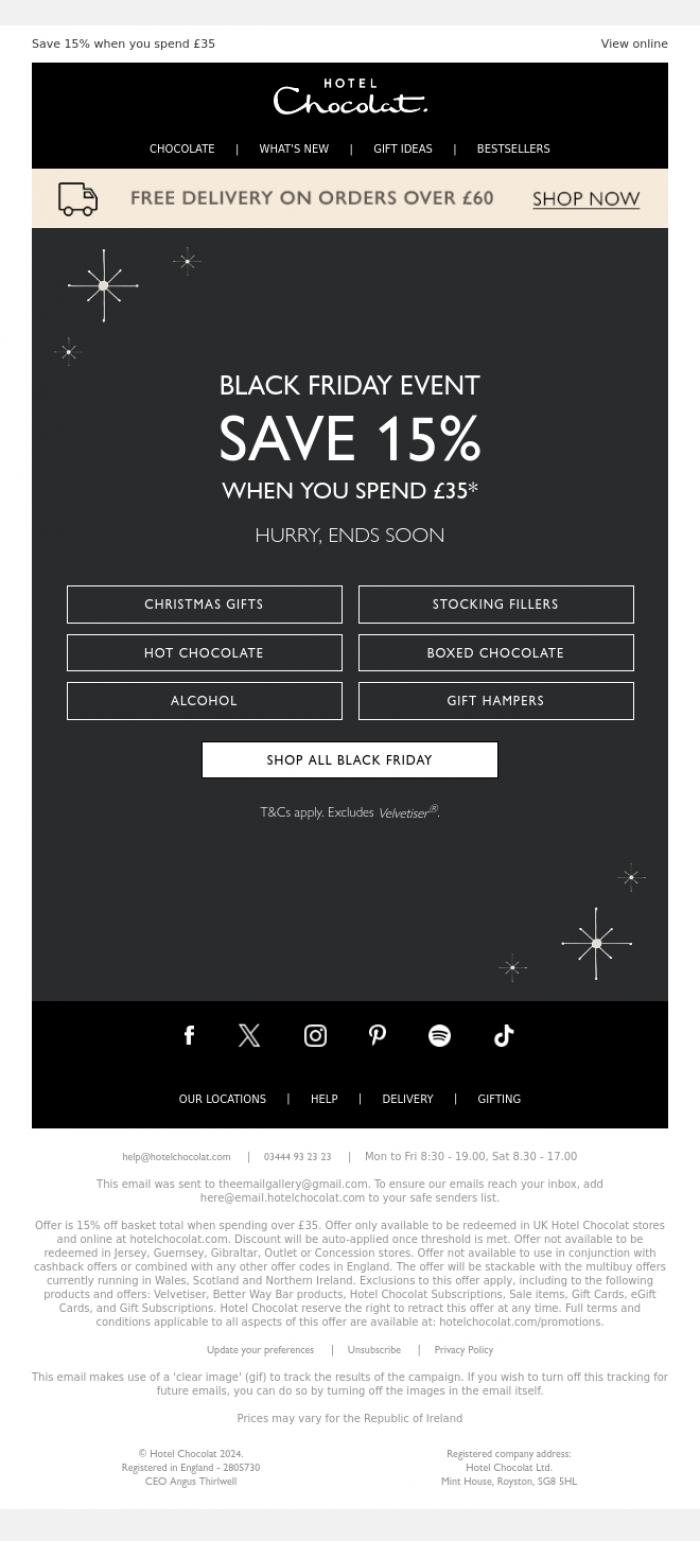 Email Design Inspiration from Hotel Chocolat, Hurry, your Black Friday offer expires soon... ⌛
