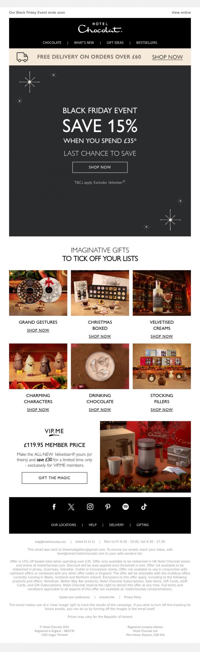Email Design Inspiration from Hotel Chocolat, Last chance for 15% off &pound;35 🖤