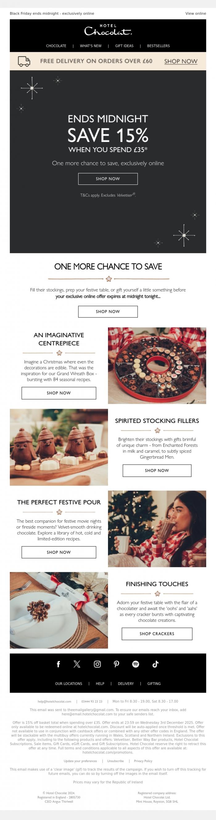 Email Design Inspiration from Hotel Chocolat, Hurry, just hours left to save with Black Friday 🖤