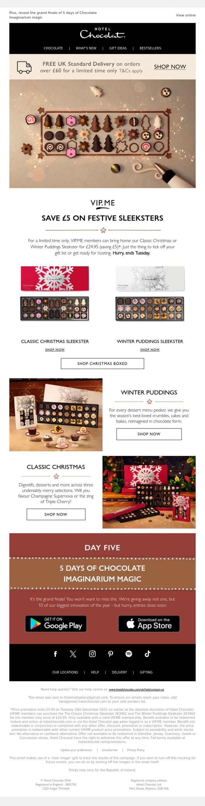 Email Design Inspiration from Hotel Chocolat, Open for an exclusive price on festive Sleeksters