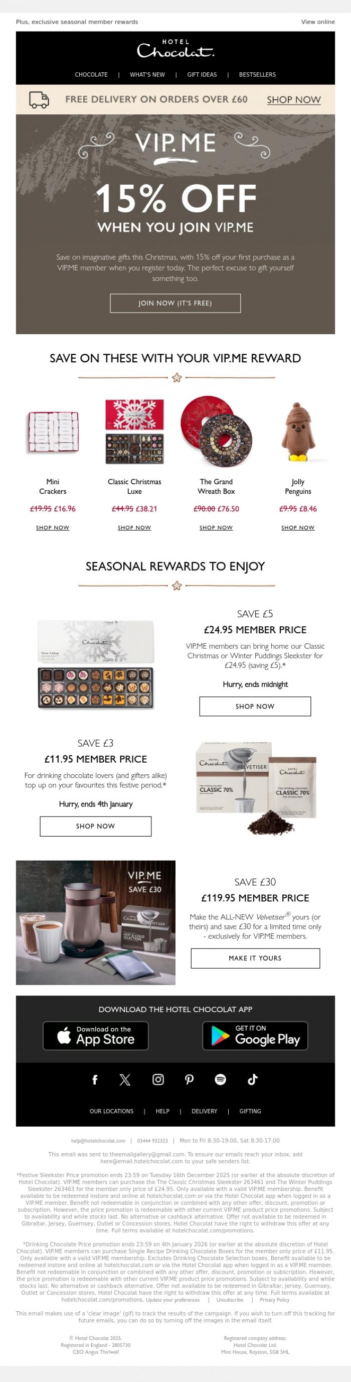 Email Design Inspiration from Hotel Chocolat, Join VIP.ME and save 15% on imaginative gifts