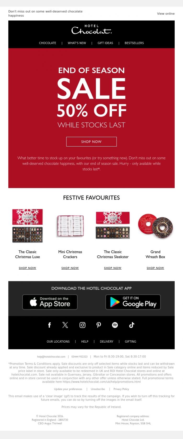 Email Design Inspiration from Hotel Chocolat, Save 50% in our end of season sale