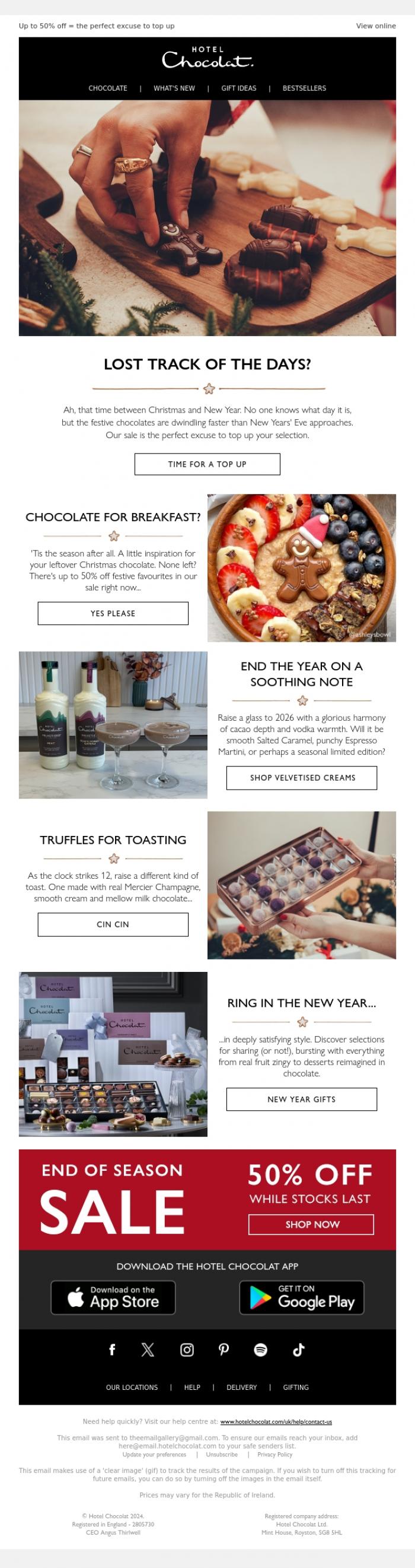 Email Design Inspiration from Hotel Chocolat, What day is it? Who knows. Pass the chocolates.