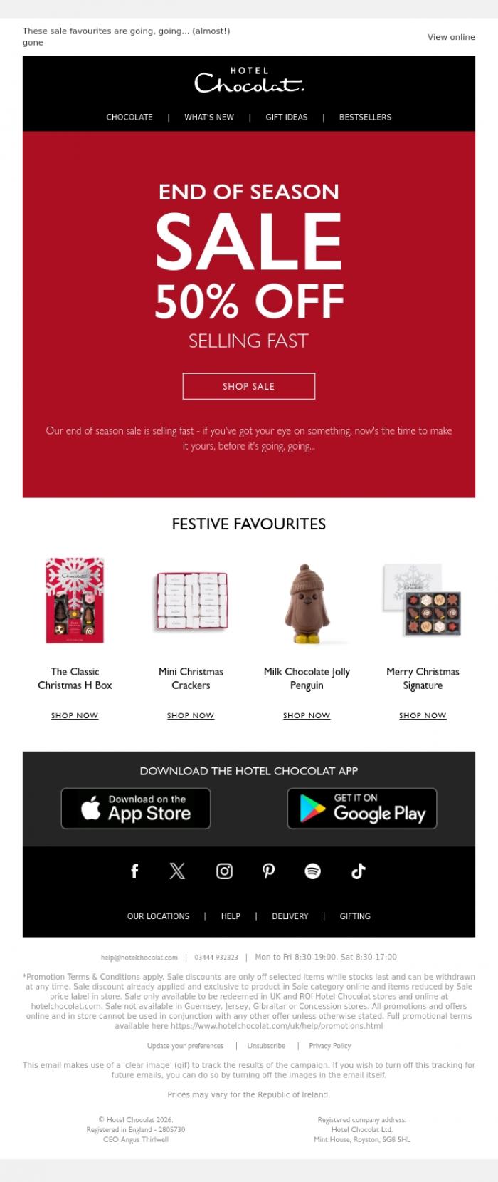 Email Design Inspiration from Hotel Chocolat, 50% off selling fast