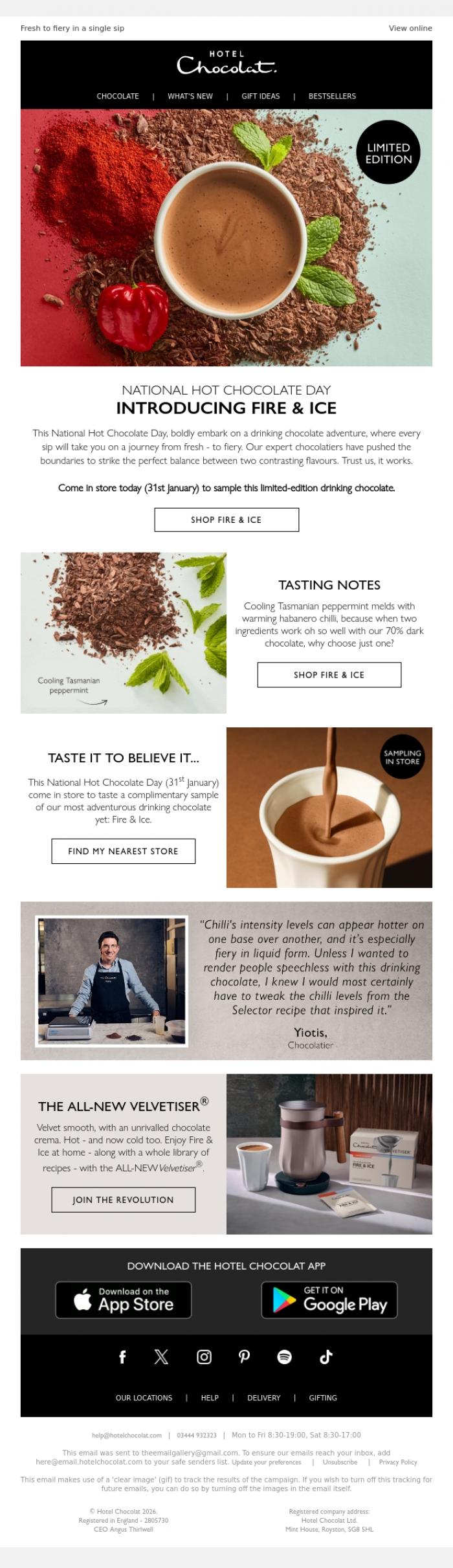 Email Design Inspiration from Hotel Chocolat, Complimentary samples today: our most adventurous recipe yet