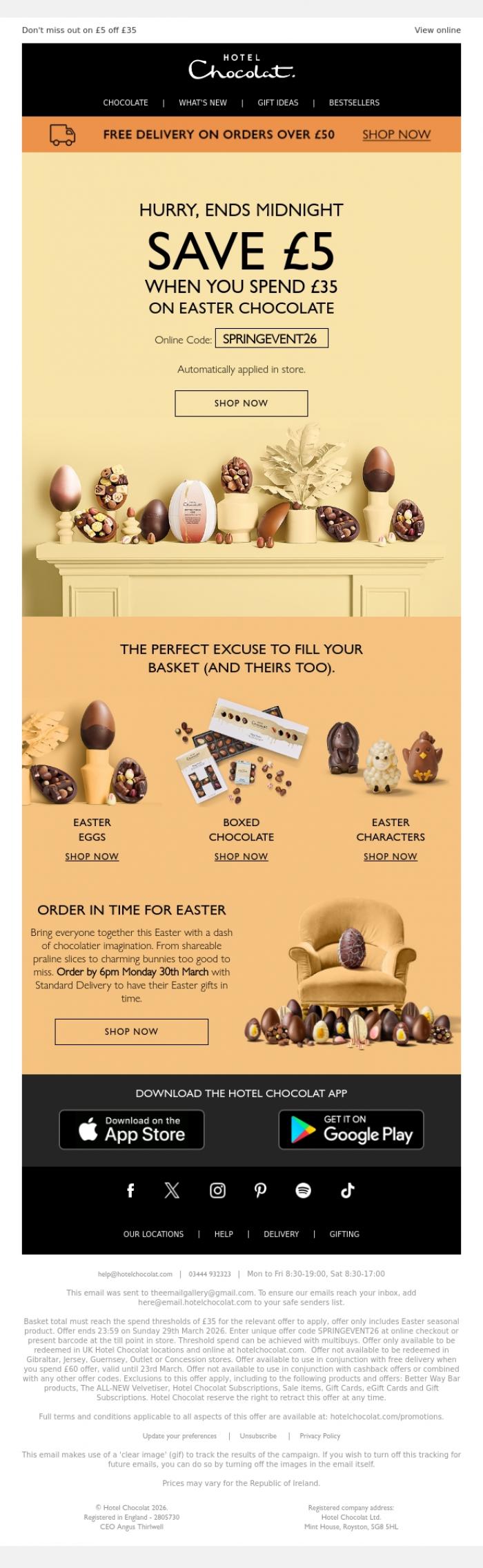 Email Design Inspiration from Hotel Chocolat, Your Easter offer ends midnight,