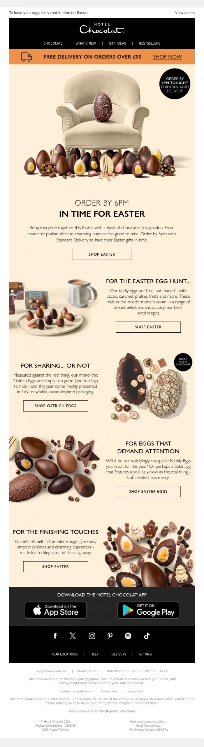 Email Design Inspiration from Hotel Chocolat, Order by 6pm with Standard Delivery