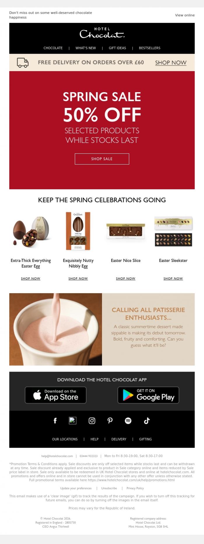 Email Design Inspiration from Hotel Chocolat, Save 50% in our end of season sale