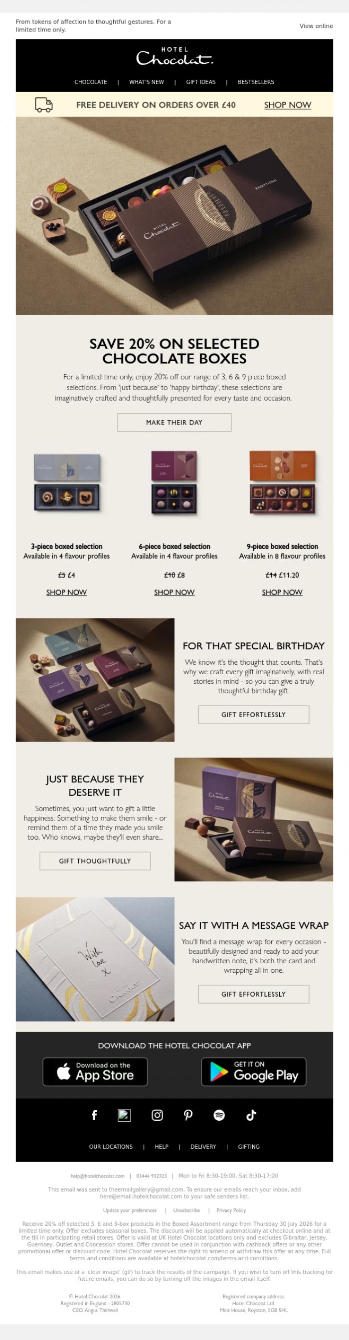 Email Design Inspiration from Hotel Chocolat, Save 20% on selected Chocolate Boxes