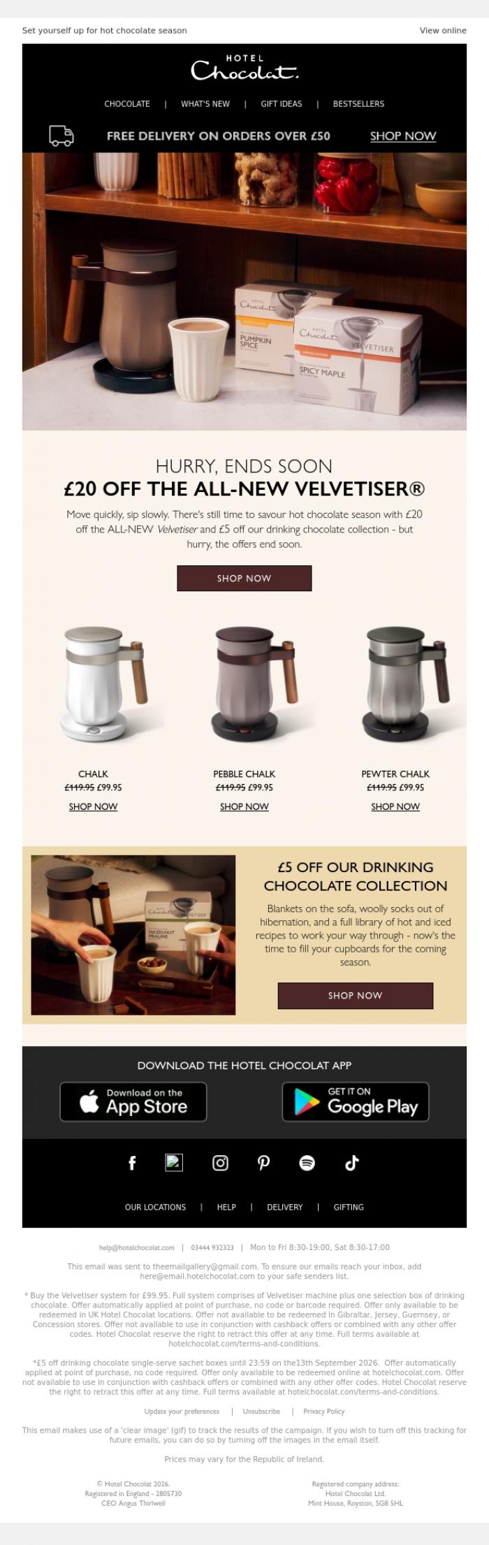 Email Design Inspiration from Hotel Chocolat, Hurry, &pound;20 off The ALL-NEW Velvetiser ends soon