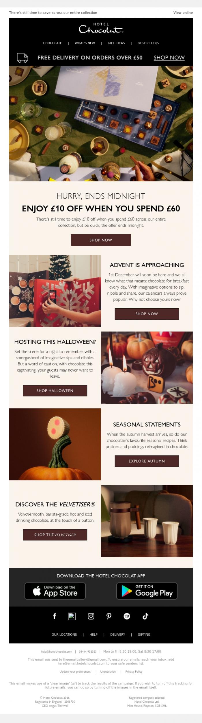 Email Design Inspiration from Hotel Chocolat, Hurry, ends midnight: &pound;10 off when you spend &pound;60