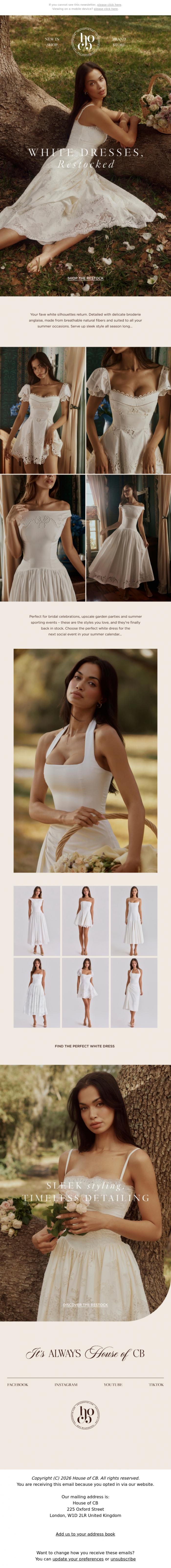 Email Design Inspiration from House of CB, Your favorite white dresses are back in stock&nbsp;🤍