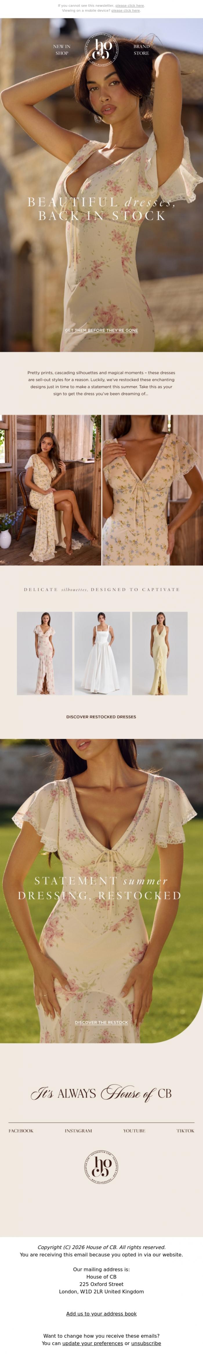 Email Design Inspiration from House of CB, Beautiful dresses, back in stock ✨🌼
