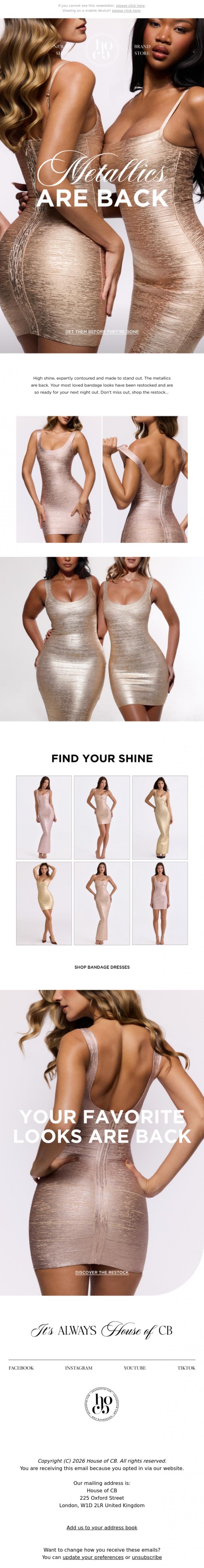 Email Design Inspiration from House of CB, Find your shine - metallic bandage, back in stock ✨