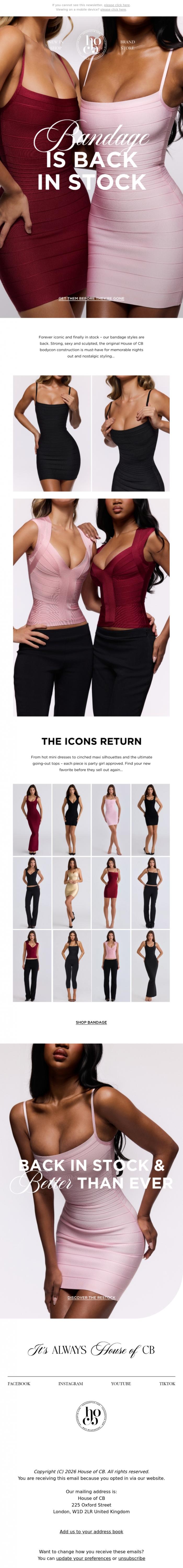 Email Design Inspiration from House of CB, Bandage is back & restocked 💫