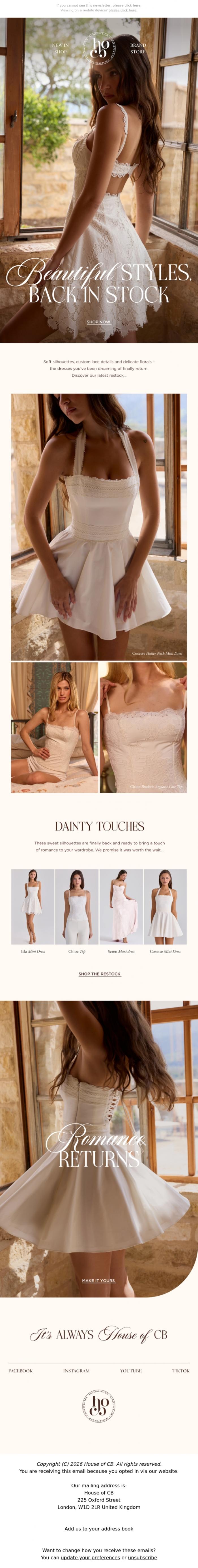 Email Design Inspiration from House of CB, Pretty touches + dainty details, back in stock 🤍