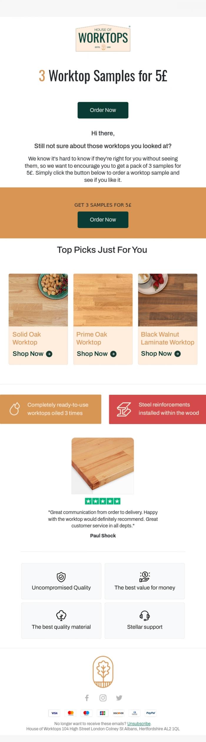 Email Design Inspiration from House of Worktops, Get 3 Worktop Samples for 5&pound;