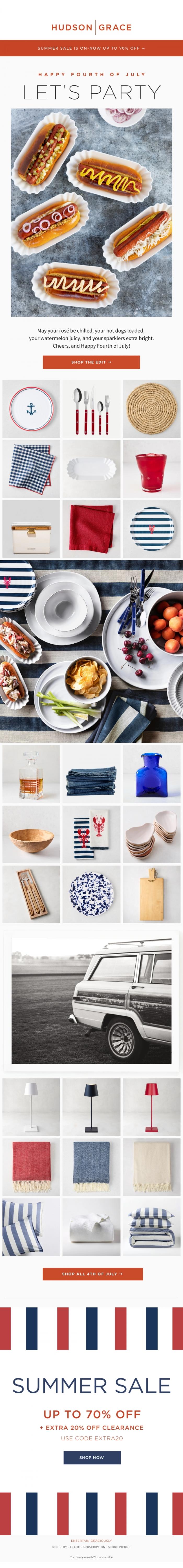 Email Design Inspiration from Hudson Grace, Cold Drinks, Hot Dogs & Up to 70% Off-Happy Fourth!