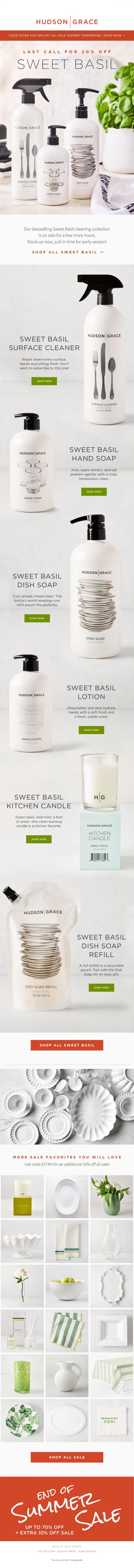 Email Design Inspiration from Hudson Grace, LAST CALL for 20% off Sweet Basil Cleaning