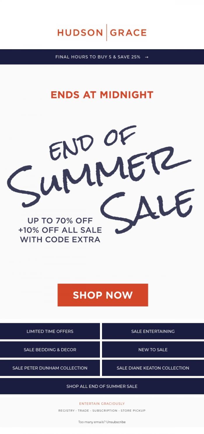 Email Design Inspiration from Hudson Grace, SALE FINAL HOURS | Up to 70% Off Ends at Midnight