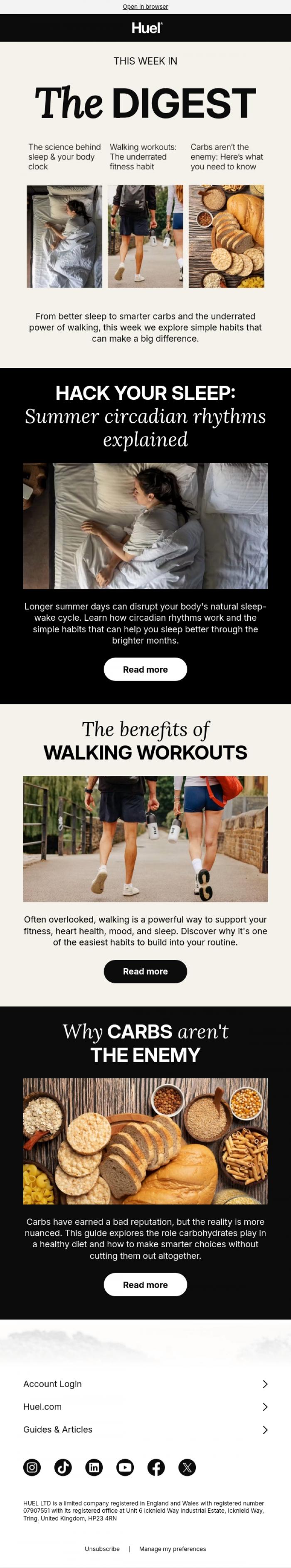Email Design Inspiration from Huel, Is summer ruining your sleep? 🌙
