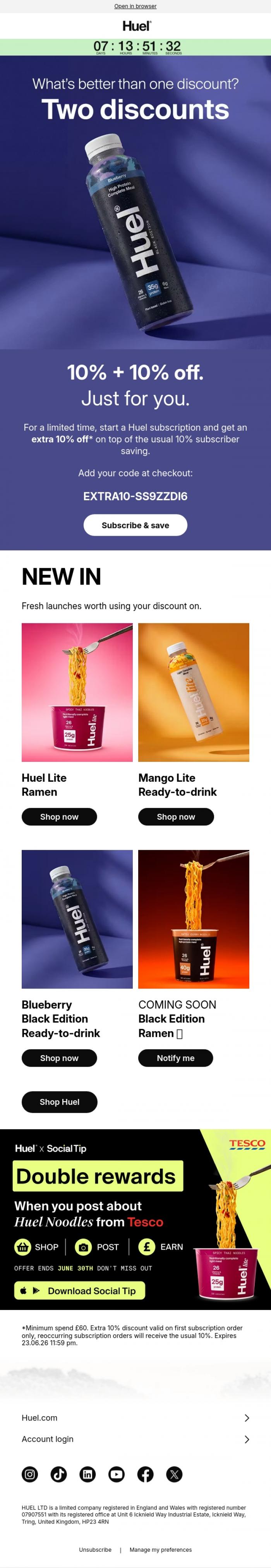 Email Design Inspiration from Huel, Double discount? Yes please.