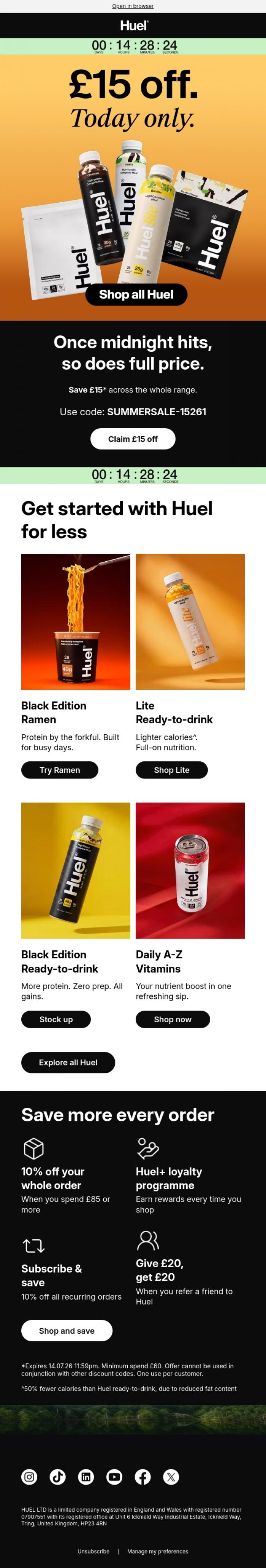 Email Design Inspiration from Huel, &pound;15 off everything. One day only. ⚡️