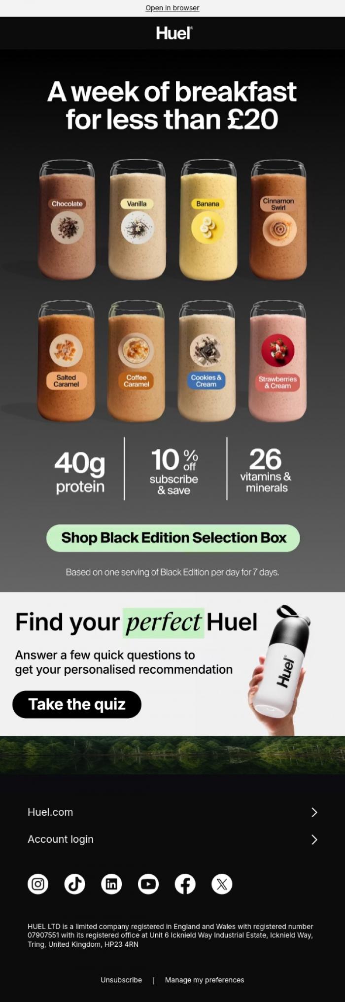 Email Design Inspiration from Huel, A week of breakfast for less than &pound;20