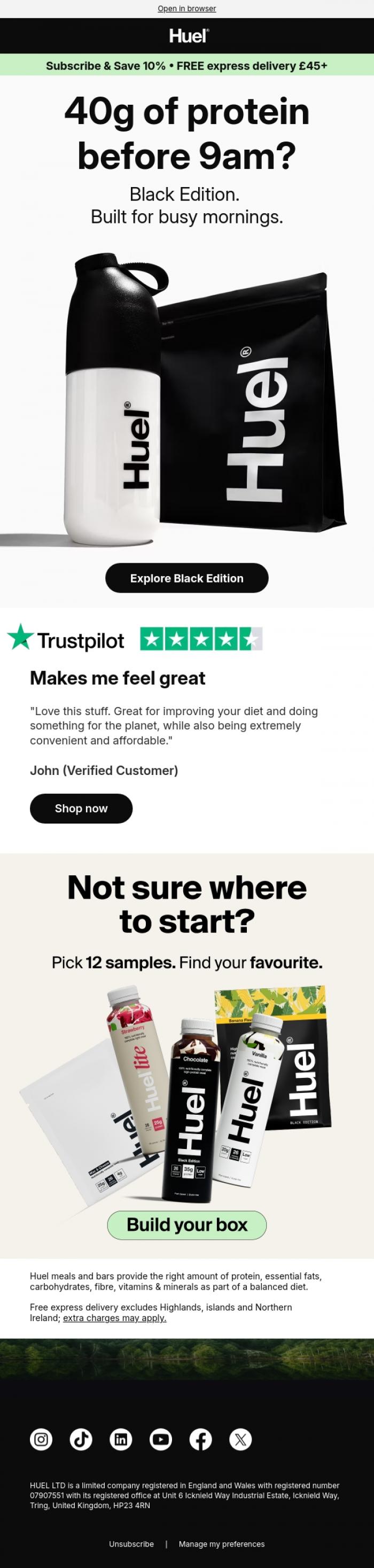 Email Design Inspiration from Huel, 40g of protein before 9am? 💪