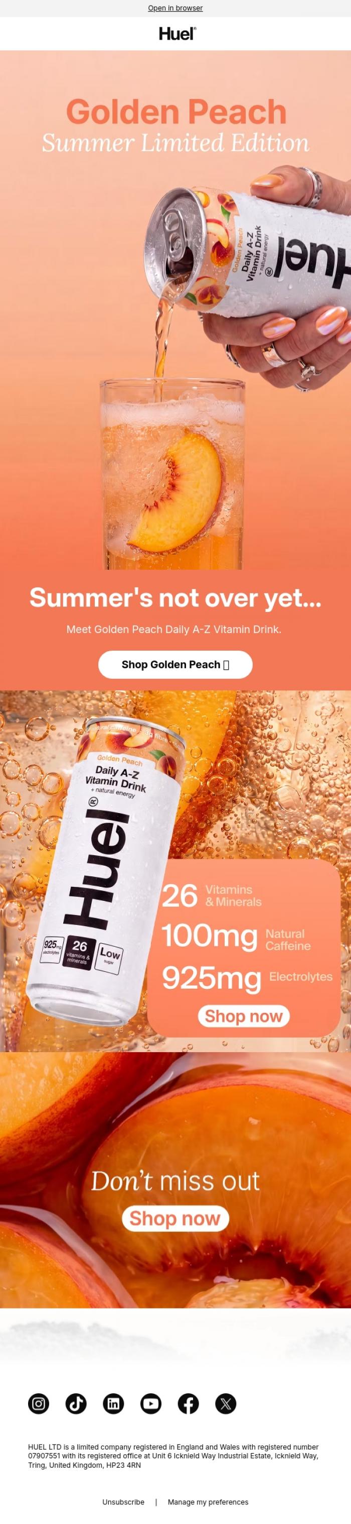 Email Design Inspiration from Huel, LIMITED EDITION: Golden Peach is here 🍑