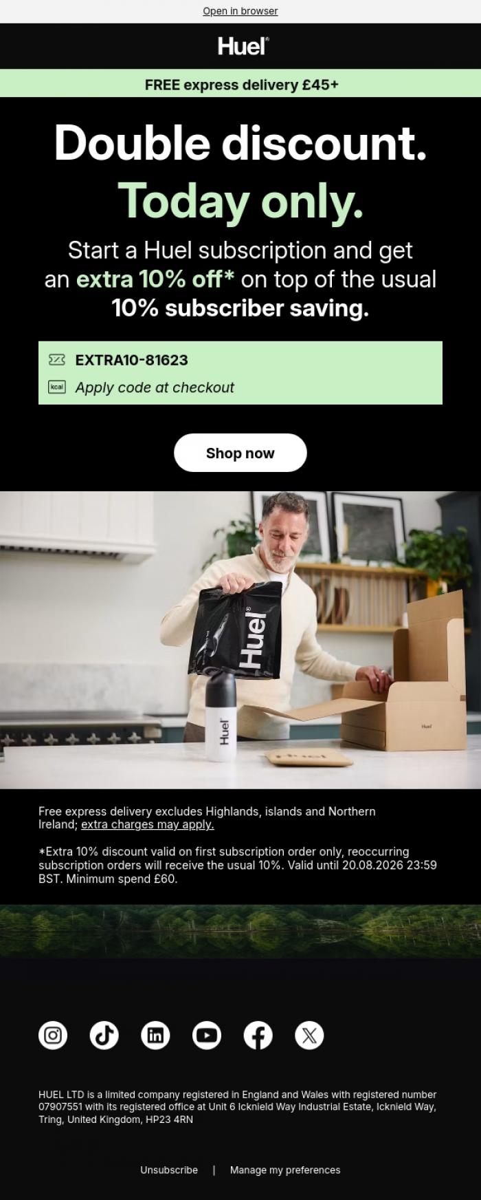 Email Design Inspiration from Huel, Today only: double savings 👀