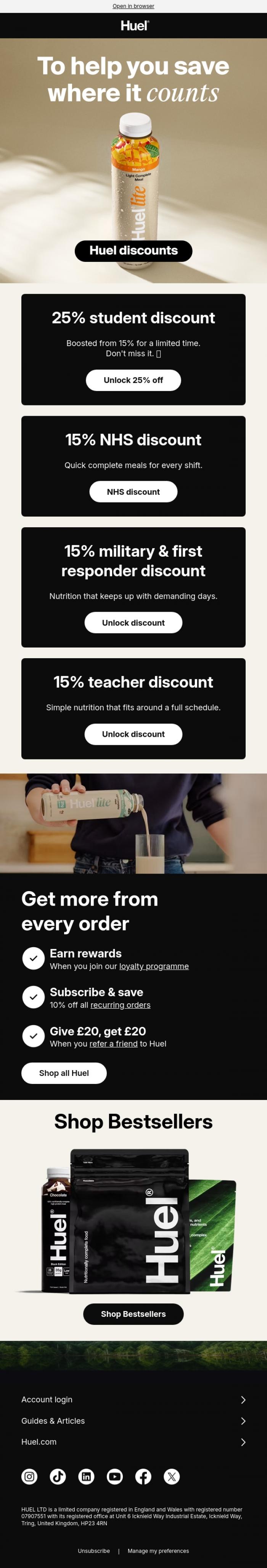 Email Design Inspiration from Huel, Unlock your savings today 🔓