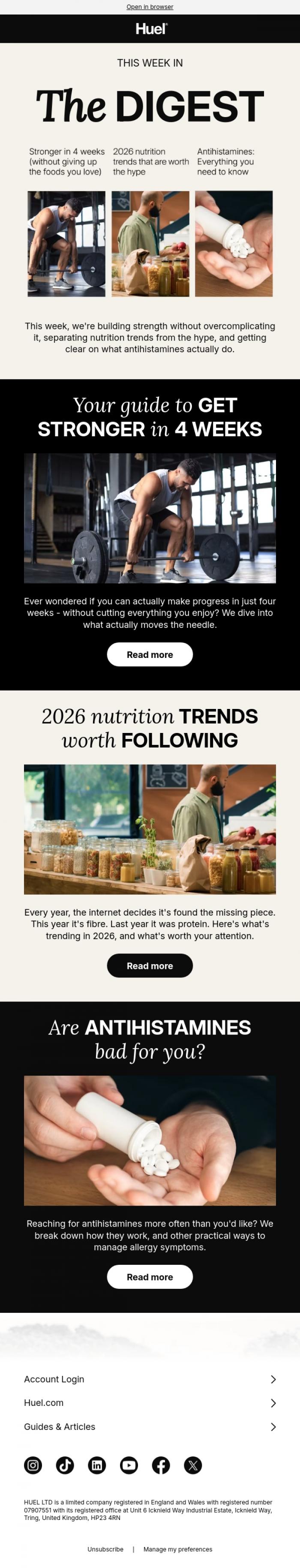 Email Design Inspiration from Huel, Want to get stronger in 4 weeks? Read this 💪