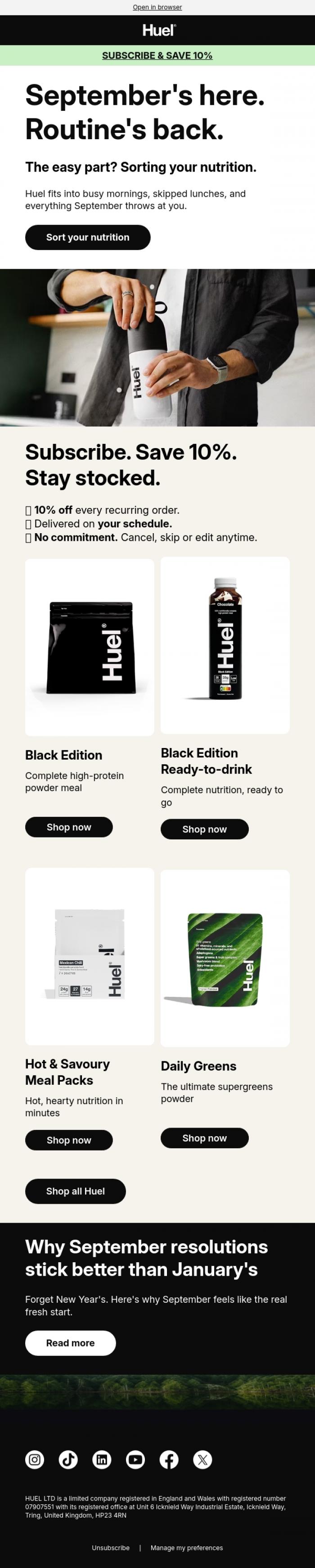 Email Design Inspiration from Huel, Back to it. Nutrition sorted.