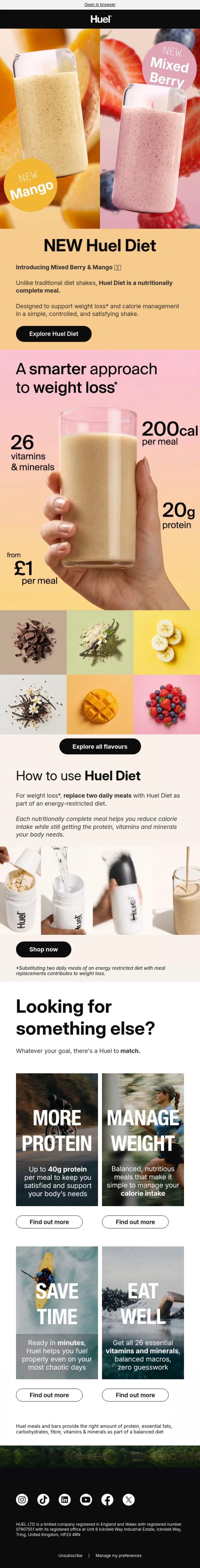 Email Design Inspiration from Huel, NEW IN. Mixed Berry & Mango&nbsp;🍓🥭