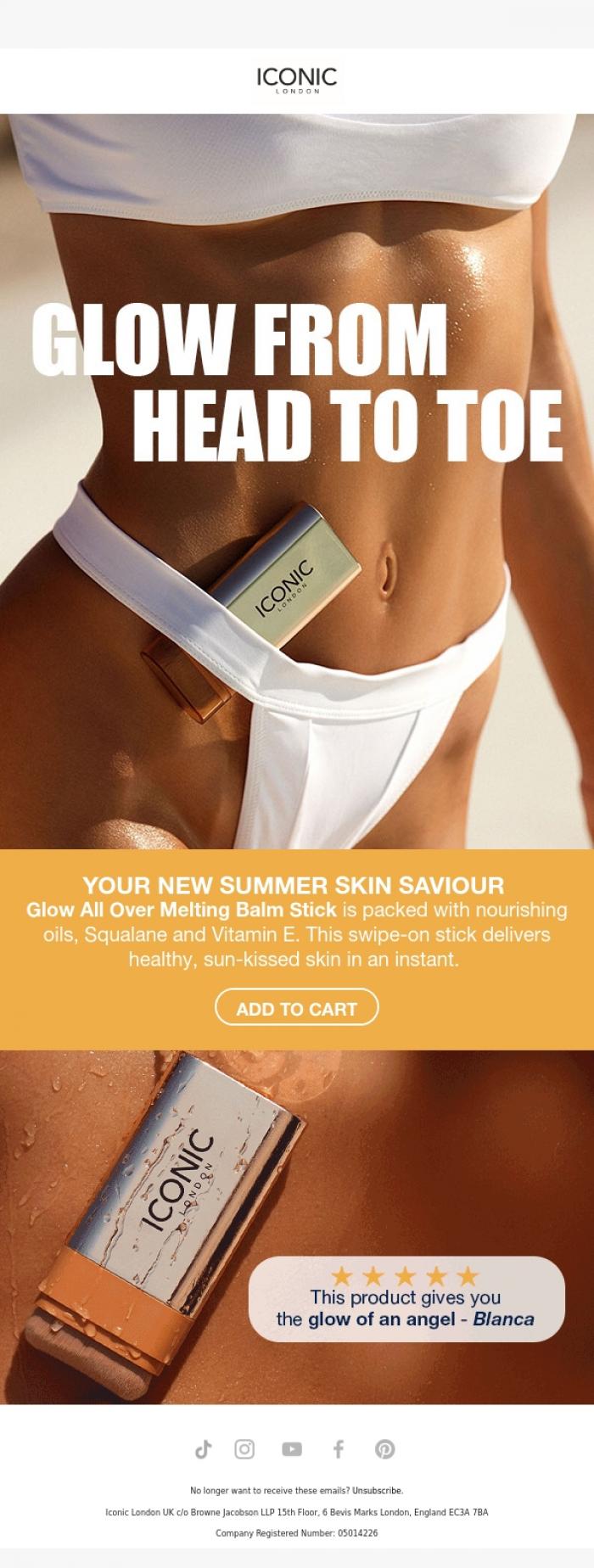 Email Design Inspiration from ICONIC London, Swipe for sun-kissed skin ☀️