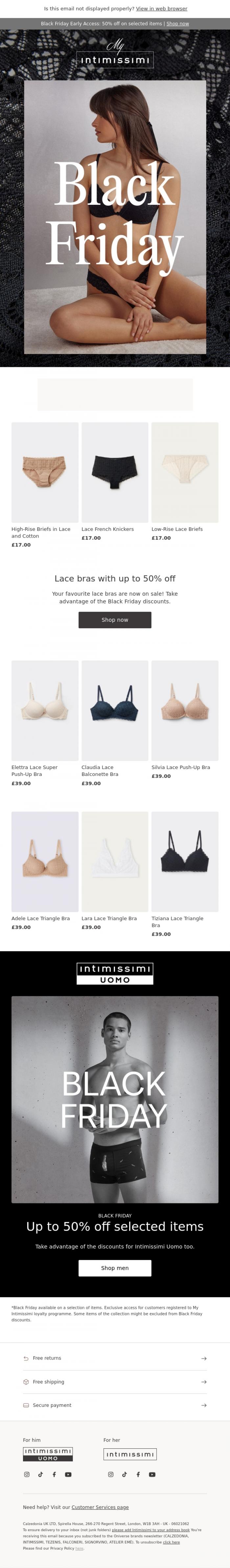 Email Design Inspiration from Intimissimi, Black Friday: our lace with up to 50% off