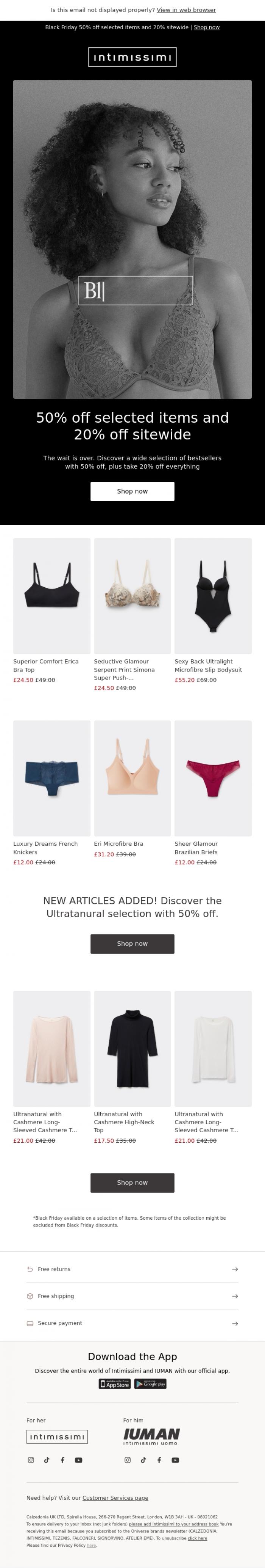 Email Design Inspiration from Intimissimi, Black Friday is TODAY! 50% off selected items and 20% off sitewide