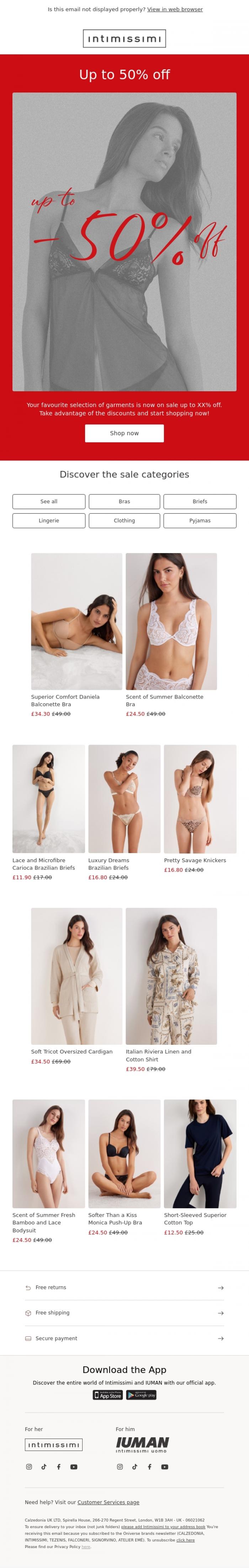 Email Design Inspiration from Intimissimi, It's SALE time! Up to 50% off selected of items.