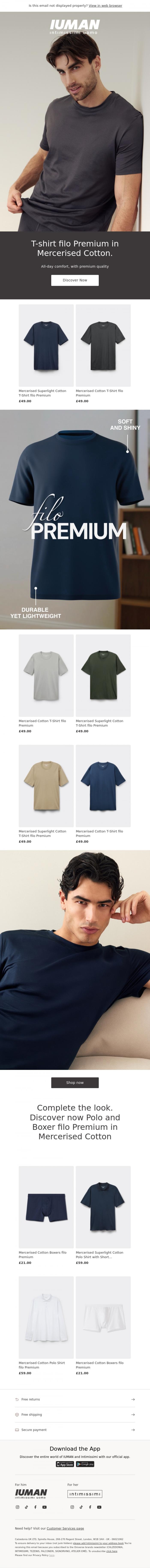 Email Design Inspiration from Intimissimi, T-shirt filo Premium in Mercerized Cotton for him