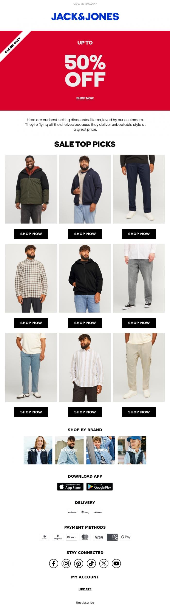 Email Design Inspiration from JACK & JONES CLUB, John, up to 50% off
