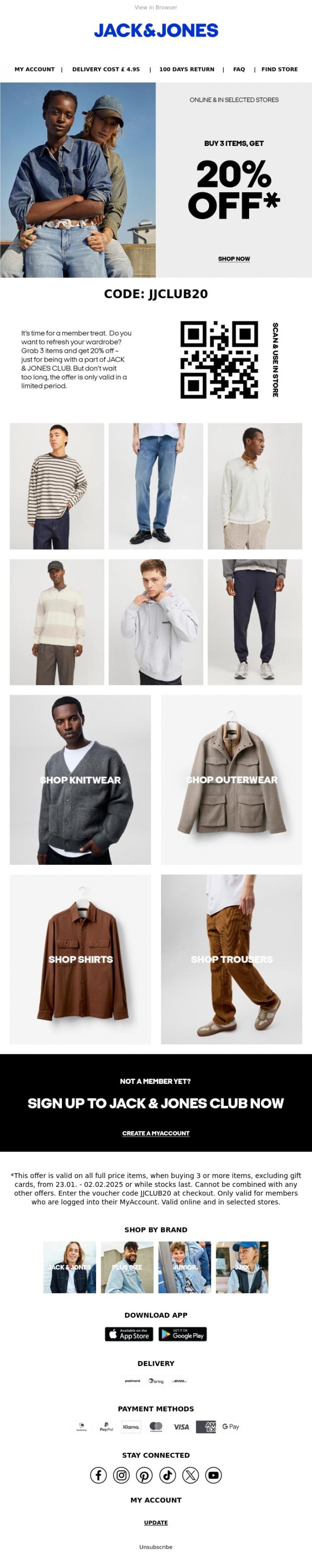 Email Design Inspiration from JACK & JONES CLUB, Buy 3 items, get 20% off