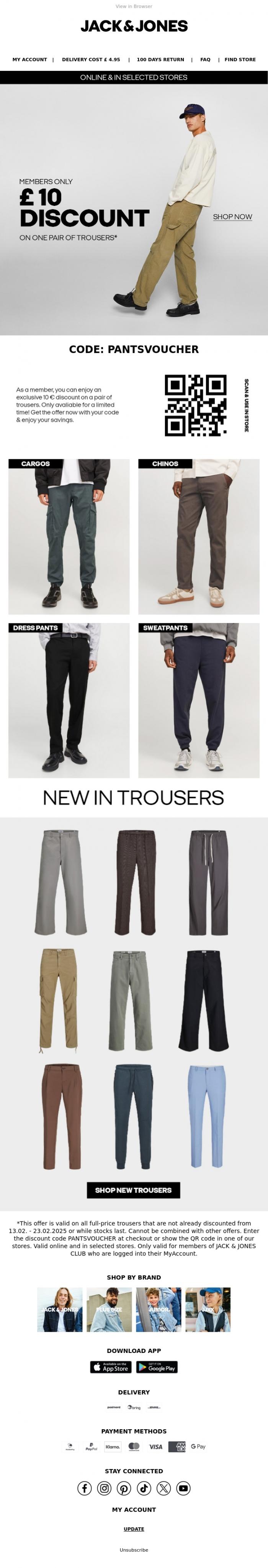 Email Design Inspiration from JACK & JONES CLUB, Save &pound; 10 on one pair of trousers