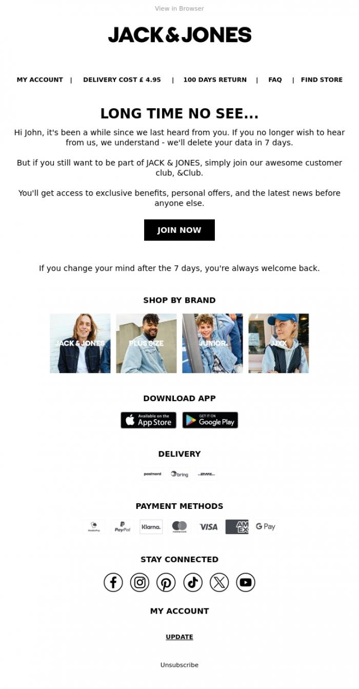 Email Design Inspiration from JACK & JONES CLUB, We miss you - is it time to say goodbye?