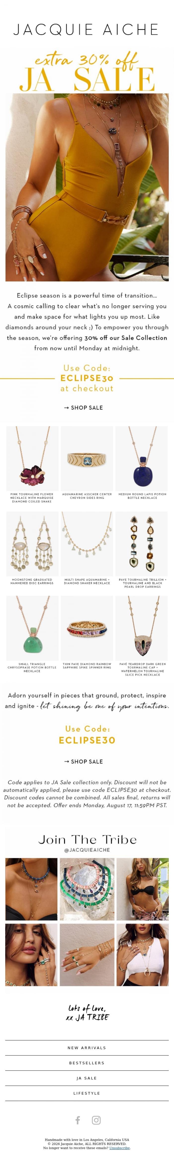Email Design Inspiration from JACQUIE AICHE, 30% Off JA Sale ✨