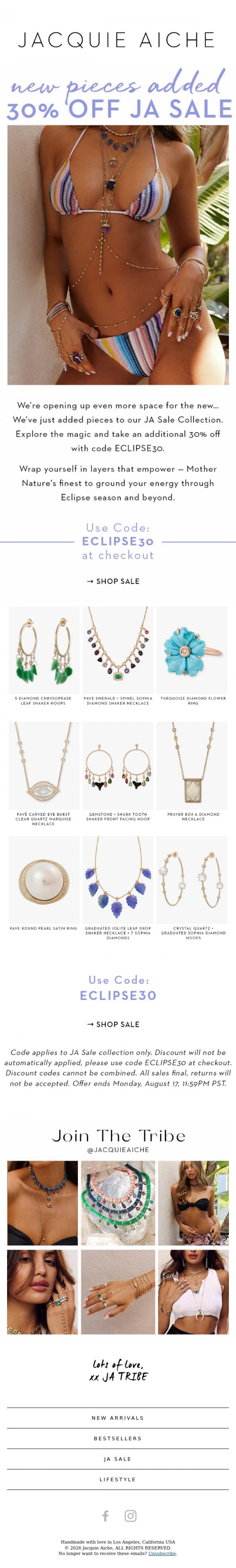 Email Design Inspiration from JACQUIE AICHE, 30% Off Sale 🤍 New Pieces Added